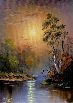 an oil painting of a river with trees on the bank and sunset in the background