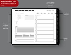 a tablet with the text weekly planning notes on it and an image of a calendar