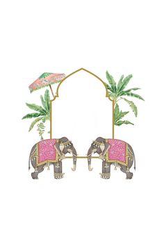 two elephants with pink and gold designs on their backs are standing under an umbrella in front of palm trees