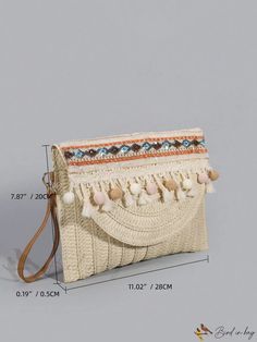 Bird in Bag - Pom & Tael Decorative Straw Tote Bag Beige Handheld Woven Bag, Beige Woven Handheld Bag, Trendy Woven Pouch Bag, Beige Pouch Bag With Detachable Handle, Beige Pouch Bag, Beige Shoulder Bag Pouch With Large Capacity, Trendy Beige Tote Pouch, Cream Handheld Woven Bag, Beige Woven Pouch Bag