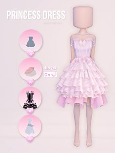 the princess dress is pink and has different types of clothing on it, including dresses