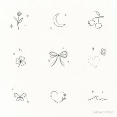 six different tattoo designs on a white background with stars and hearts, moon, heart, flower