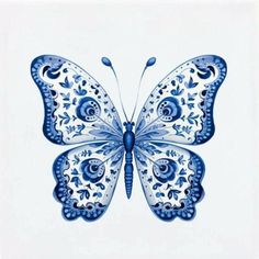 a blue and white butterfly on a white background