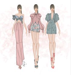 three women's clothing designs, one in blue and the other in pink with ruffles