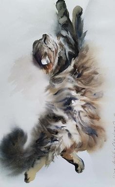 a watercolor painting of a cat rolling around