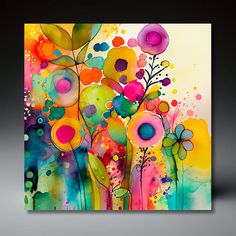 an abstract painting with colorful flowers on it