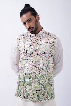 Ivory suiting bundi jacket with multi-colored thread embroidery. - Aza Fashions Kurta Set Men, Ivory Suit, Nehru Jacket, Silk Kurta, Nehru Jackets, Thread Embroidery, Silk Pajamas, Kurta Set, Mandarin Collar