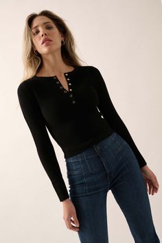 Shaper Fit Cropped Rib-Knit Henley Top - ShopPromesa Ribbed Knit Top, Henley Top, Top Round, Clothes Horse, Fitted Silhouette, Keep Warm, Boutique Clothing, Round Neckline, Rib Knit