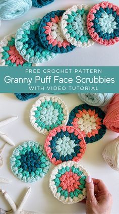 crochet granny puffy face scrubbies with video instructions to make them easy and fun