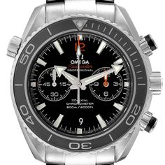 Omega Seamaster Planet Ocean 600M Steel Mens Watch 232.30.46.51.01.001. Automatic self-winding chronograph movement with with column wheel and Co-Axial escapement. Certified Master Chronometer, approved by METAS, resistant to magnetic fields reaching 15,000 gauss. Silicon balance-spring, 2 barrels mounted in series, time zone function. Central hour, minute and chronograph seconds hands, small seconds hand, 12-hour and 60-minute recorders. Rhodium plated finish with Geneva waves in arabesque. Stainless steel round case 45.5 mm in diameter. Helium Escapement Valve at the 10 o'clock position. Transparent exhibition case back. Black ceramic uni-directional rotating bezel. Domed scratch resistant sapphire crystal with anti-reflective coating. Black dial with luminescent index hour markers and b Omega Watches Seamaster, Omega Planet Ocean, Omega Seamaster Automatic, Omega Seamaster Planet Ocean, Chrono Watches, Omega Watches, Seamaster Aqua Terra, Planet Ocean, Dream Watches