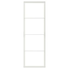 a white shelf with three shelves on each side and two doors in the middle, against a