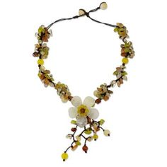 Glistening gems surround a white quartz flower in a hand-knotted necklace by Thailand's Nareerat. She selects a bright assortment of gems that include clusters of chip-cut serpentine carnelian and quartz. Round carnelians and dyed yellow quartz that represents April??s birthstone center the flower and are also dotted throughout the brown necklace of adjustable length. Hand Knotted Necklace, Yellow Quartz, Brown Necklace, Summer Necklace, White Quartz, Delicate Flower, Quartz Necklace, Birthstone Necklace, Jewelry Creation