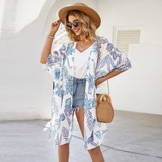 Women Leafs Print Chiffon Beach Kimono Cardigan Blouse Shawl Loose Tops Outwear Features: Open front, Half Sleeve, Loose fit, Casual Wear, Leaves Printed, Loose Cardigan, Chiffon Kimono, Sheer Shawl. V-neck Tropical Print Blouse For Beach, Flowy V-neck Cardigan For The Beach, Casual Summer Floral Print Cardigan, Casual Floral Print Summer Cardigan, Summer Floral Print Casual Cardigan, Blue V-neck Cardigan For Vacation, Summer Beach Floral Print Cardigan, Bohemian Blouse With Tropical Print For Beach, Summer Open Front Printed Cardigan