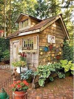 a small wooden shed with potted plants on the front and side walls, along with other garden items