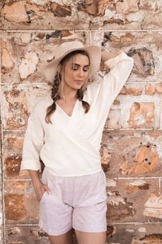 Long Sleeve Wrap Top in European Linen