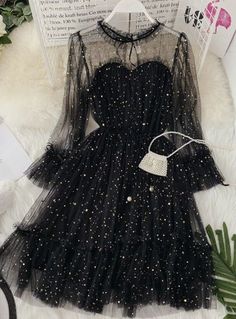 SP1519,Princess Black Starry Long Sleeves Tulle Ruffle Short Homecoming Dress,Mini Prom Evening Gown · SofieProm · Online Store Powered by Storenvy Puff Dress, Corset Dress Prom, Gauze Dress, Short Homecoming Dress, Gowns With Sleeves, Fairy Dress, Homecoming Dress, Mesh Dress, Tulle Dress