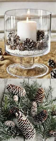 pine cones and candles are sitting in a glass bowl