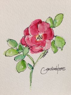 a watercolor painting of a pink flower with green leaves and the word congratulations written in cursive writing