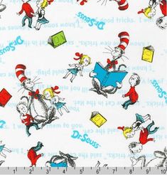 the cat in the hat and other dr seuss characters printed on white cotton fabric