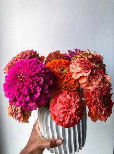 a hand holding a white vase filled with colorful flowers