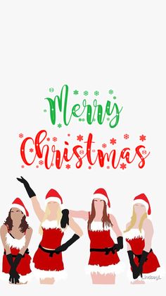 three women in red dresses and santa hats with the words merry christmas