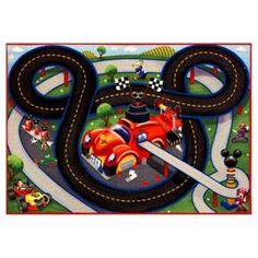 a children's play mat with cars and race tracks on the road in front of mickey mouse