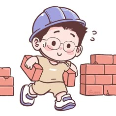 a boy with glasses and a hard hat is carrying bricks