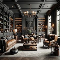 a living room filled with lots of furniture and bookshelves next to a window