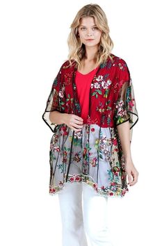 This just might be the only kimono you will ever want! It will take you from Brunch to Date Night. This kimono features an open front, sheer mesh fabric, short sleeves, beautiful embroidery and an oversized fit. It is perfect for layering. Model is 5'8" and is wearing a size small/medium Plus size Model is 5'9" and is wearing an XL/1XL. cotton/poly/rayon blend hand wash or dry clean Spring Floral Embroidered Kimono With Kimono Sleeves, Spring Floral Embroidery Kimono With Kimono Sleeves, Floral Embroidered V-neck Kimono For Summer, V-neck Floral Embroidered Kimono For Summer, V-neck Floral Embroidery Kimono For Summer, Summer Floral Embroidery Kimono, Summer Floral Embroidered Kimono With Kimono Sleeves, Summer Kimono With Floral Embroidery And Kimono Sleeves, Summer Kimono With Floral Embroidery