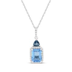 For any occasion—or for a special December birthday—this blue topaz necklace makes a sparkling impression. Emerald-cut Swiss blue topaz centerpiece Round-cut white lab-created sapphires create a halo and shimmer on the bail A cool trillion-cut London blue topaz tops the design 18-inch cable chain with lobster clasp Anniversary Blue Topaz Necklaces With Accent Stones, Blue Topaz Necklace With Accent Stones, Blue Topaz Necklaces With Accent Stones For Anniversary, Blue Topaz Necklaces With Diamond Accents, Blue Topaz Necklaces With Accent Stones, Formal Topaz Necklaces With Accent Stones, Swiss Blue Topaz Necklace, Blue Diamond Necklace, White Lab