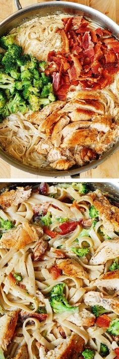 two pictures of different types of food in pans