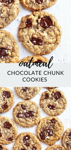 chocolate chunk oatmeal cookies on a baking sheet with the words, chocolate chunk oatmeal cookies