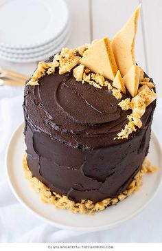 a chocolate cake topped with crumbs on top of a white plate