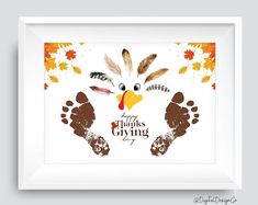 a white frame with an image of a turkey's feet and the words happy thanksgiving giving