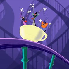 the animated characters are riding on top of a coffee cup in front of a spiral staircase