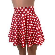 Everyone needs a little polka-dot in their lives! This red & white polka dot spandex skater skirt is a full-circle mini skirt that will sit high on your natural waist. It is perfect for your "Minnie" costume or festival outfit. We use high quality 4-way stretch spandex and make our clothing to order in the USA. Casual Fitted Polka Dot Mini Skirt, Spring Polka Dot Mini Skirt, Fitted Polka Dot Mini Skirt, Summer Polka Dot Mini Skirt, Polka Dot Mini Skirt For Summer, Summer Polka Dot Flared Skirt, Polka Dot Flared Skirt For Summer, Retro Red Skort For Summer, Flared Polka Dot Skirt For Summer