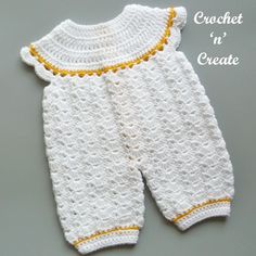 a crocheted baby's white and yellow outfit on a gray background with the words crochet in create written below it