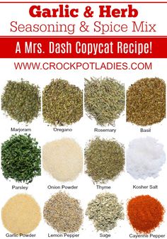 garlic and herb seasoning and spice mix with the words, mrs dash copycat recipe