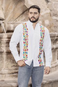 Elevate your wardrobe with our distinguished men's button-up shirt, meticulously crafted in Mexico. Adorned with exquisite floral embroidery, each stitch reflects the artisanal mastery of Mexican craftsmanship. Made from premium cotton, this shirt seamlessly blends style and comfort, offering a timeless addition to any gentleman's collection. This guayabera is made by Mexican Artisans in Guanajuato, Mexico. More styles available here: https://www.etsy.com/es/shop/SoleiEthnic?ref=seller-platform- Traditional Fit White Shirt For Spring, White Traditional Fit Shirt For Spring, White Regular Fit Shirt For Spring, Traditional White Button-up Shirt, Men Formal, Mens Button Up, Style Shirt, Floral Shirt, Button Up Shirt