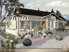 an animated rendering of a restaurant with tables and chairs in front of the patio area