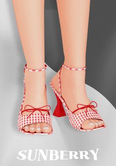 a pair of woman's feet wearing red and white gingham shoes with the words sunberry on them