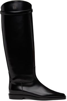 Knee-high polished calfskin boots in black. · Square toe · Leather strap at collar · Logo plaque at outer side · Grained sheepskin lining · Rubber injection at stacked leather heel · Leather sole · Heel: H0.75 in Supplier color: Black Toteme Boots, Square Toe Shoes, Black Knee High Boots, Rounded Toe Boots, Black Accessories, Black Knees, Boots Knee, Black Square, Tall Boots