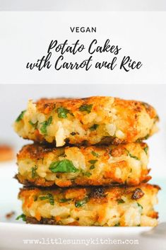 vegan potato cakes with carrot and rice are stacked on top of each other in a white plate