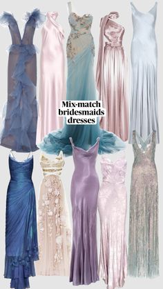 Mix-match bridesmaids dresses #bridesmaids #weddinginspo Bridesmaid Dress Color Schemes, Mix Match Bridesmaids, Dream Prom Dress, Bridesmaid Dress Colors, Wedding Attire Guest, Fantasy Dress