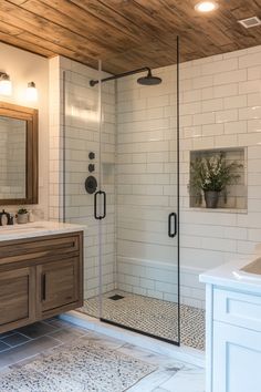 Modern bathroom with a glass-enclosed shower, white subway tiles, and wooden ceiling. Small Bathroom Remodel Tub To Shower Walk In, Glass Shower Bathroom Ideas, Master Bath Shower Design Ideas, Simple Walk In Shower Ideas, Bathroom Ideas With Shower Only, Bathroom Remodel Tile Ideas, Bathroom Remodel With Bathtub, Bathroom Remodel Shower Walk In, Small Bathroom Stand Up Shower Ideas