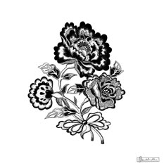 black and white drawing of flowers on a white background