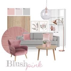 a living room filled with furniture and pink accents in shades of grey, pink, gray and white