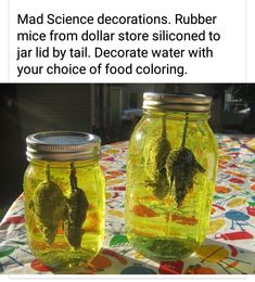 two jars with food in them sitting on top of a tablecloth covered table cloth