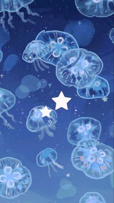 an image of jellyfish in the ocean with stars on it's back ground