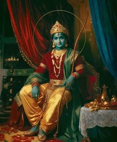 a man dressed in blue and gold sitting on a red chair with a golden crown